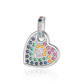 Brass Micro Pave Colorful Cubic Zirconia Pendants, Flat Round with Heart Charms