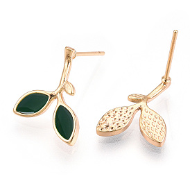 Dark Green Enamel Branch and Leaves Stud Earrings with 925 Sterling Silver Pins, Brass Jewelry for Women, Nickel Free