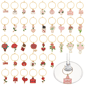 38 шт. 38 стили подвески-бокалы для вина из латуни ко Дню святого Валентина, с подвесками в виде цветочных сердечек из сплава эмали, разнообразные, золотые