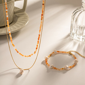 18K Gold Baroque Pendant Natural Stone Necklace Versatile Titanium Steel Bracelet Jewelry