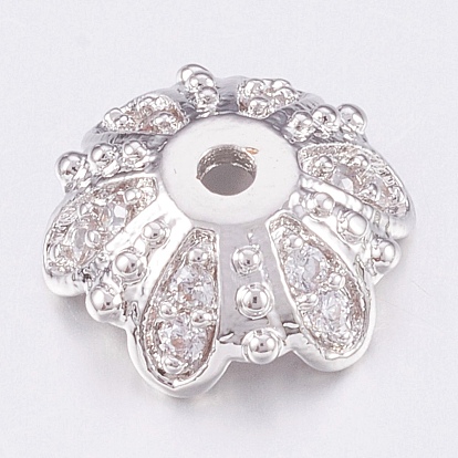Brass Micro Pave Cubic Zirconia Bead Caps, 6-Petal, Platinum