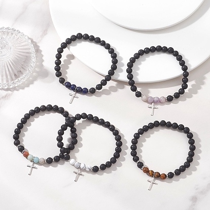 201 из нержавеющей стали шарм браслеты, Натуральные браслеты из смешанных драгоценных камней, эластичные, для мужчин и женщин., крестик
