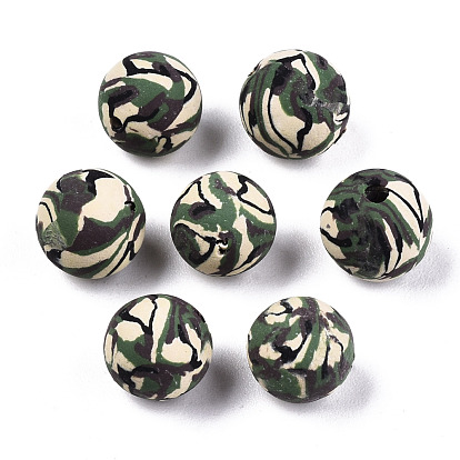 Handmade Polymer Clay Beads, Camouflage Style, Round