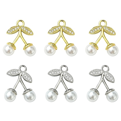 6 шт. 2 цвета латунные подвески из прозрачного кубического циркония с микропаве, вишня, с пластиковой жемчужины