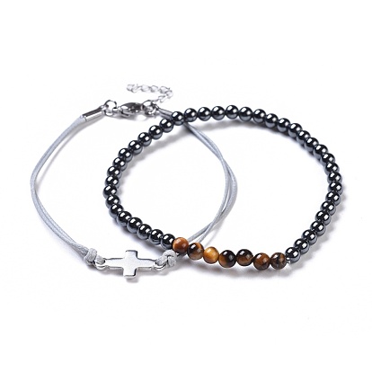 Stackable Bracelets Sets, with Non-Magnetic Synthetic Hematite, Natural Tiger Eye, Stainless Steel Findings and Waxed Polyester Cord
