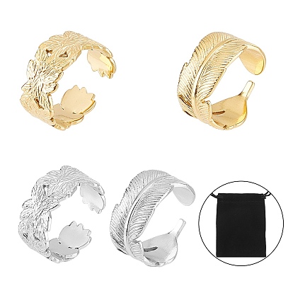 4Pcs 4 Style Ion Plating(IP) 304 Stainless Steel Cuff Rings, Leaf Open Rings for Women, Long-Lasting Plated