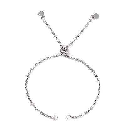 304 fabricación de pulseras deslizantes de cadena rolo de acero inoxidable, pulsera bolo, con 304 anillos de salto de acero inoxidable y cuentas de latón, corazón