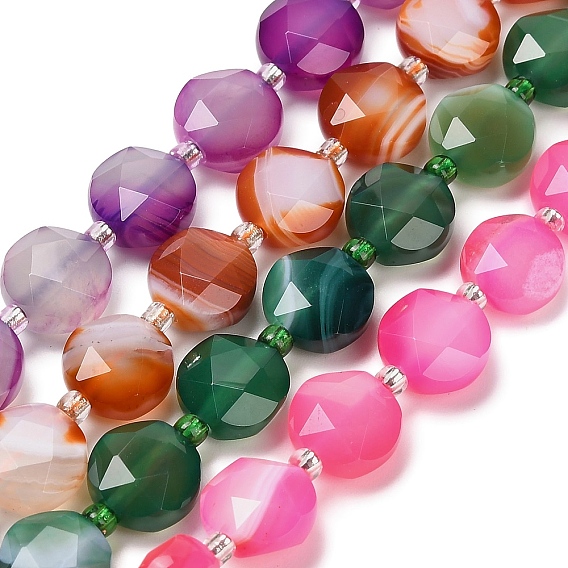 Натуральные полосатые агатовые бусы, граненый пятиугольный разрез, окрашенная и подогревом, плоско-круглые, с бисером