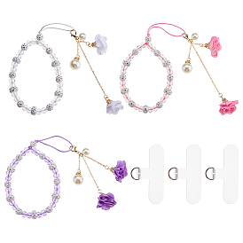 3 шт. 3 цвета стеклянные мобильные ремешки, ткани цветок, с 3шт. пластиковый шнурок для мобильного телефона