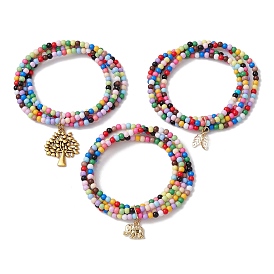 3Pcs 3 Styles Acrylic Stretch Bracelets, Alloy Enamel Charm Bracelets