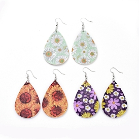 Dangle Earrings, with PU Leather Big Pendants and Platinum Plated Brass Earring Hooks, Teardrop with Flower Pattern