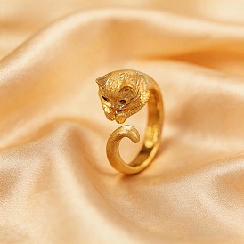 Brass Micro Pave Cubic Zirconia Cuff Open Rings for Women, Cat Shape