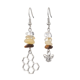 Natural Mixed Stone Bees Dangle Earrings, with Alloy Beads and Brass Earring Hooks