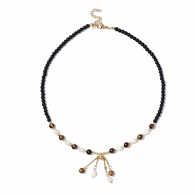 Natural Tiger Eye & Pearl Tassel Pendant Necklace with Glass Beaded Chains for Women
