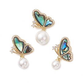 3шт. 3 размеры подвесок из натуральной раковины пауа с круглыми белыми жемчужинами из раковины, Подвески в виде бабочек с фурнитурой из прозрачного кубического циркония, инкрустированной латунью методом микропаве.