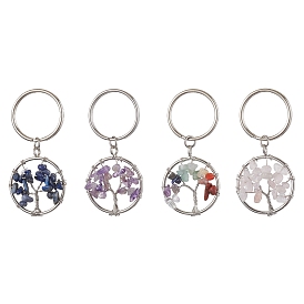 Natural & Synthetic Mixed Stone Keychain, with Iron Key Rings, Flat Round with Tree of Life