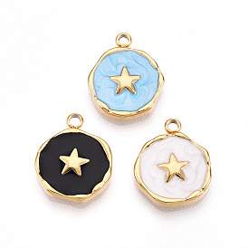 304 подвески из нержавеющей стали, с эмалью, плоский круглый со звездными подвесками, ионное покрытие (ip), реальный 18 k позолоченный
