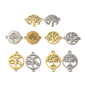 304 Stainless Steel Connector Charms, Flat Round with Tree of Life Links