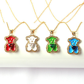 Cute Fashionable Copper Plated Micro Inlaid Zircon Bear Pendant Necklace