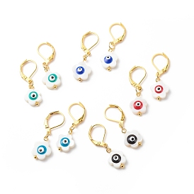 Natural Shell Flower with Evil Eye Dangle Leverback Earrings, Golden Plated Brass Jewelry for Women
