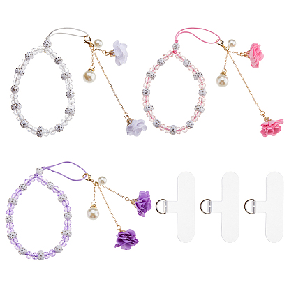 3 шт. 3 цвета стеклянные мобильные ремешки, ткани цветок, с 3шт. пластиковый шнурок для мобильного телефона