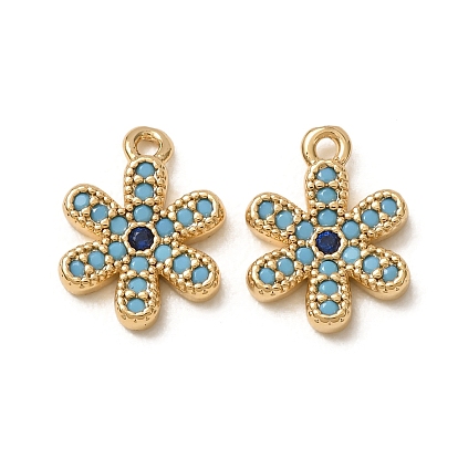 Synthetic Turquoise Pendants, Brass Micro Pave Blue Cubic Zirconia Flower Charms, Nickel Free