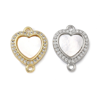 Шармы-соединители из латуни с микропаве из кубического циркония, сердечные соединения с натуральной белой раковиной, долговечный, стойки покрытие, без свинца и без кадмия
