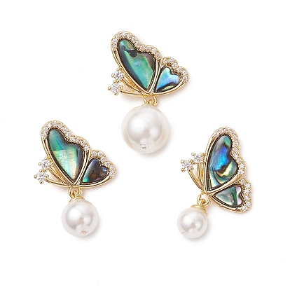 3шт. 3 размеры подвесок из натуральной раковины пауа с круглыми белыми жемчужинами из раковины, Подвески в виде бабочек с фурнитурой из прозрачного кубического циркония, инкрустированной латунью методом микропаве.