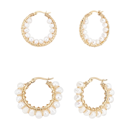 304 Stainless Steel Hoop Earrings, with Natural Pearls, Ring