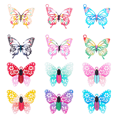 CHGCRAFT 48Pcs 12 Colors Printed Brass Pendants, Etched Metal Embellishments, Butterfly