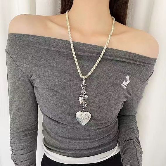 Alloy Floral Heart Locket Pendant Twisted Polyester Cord Necklaces for Women, with Imitation Shell