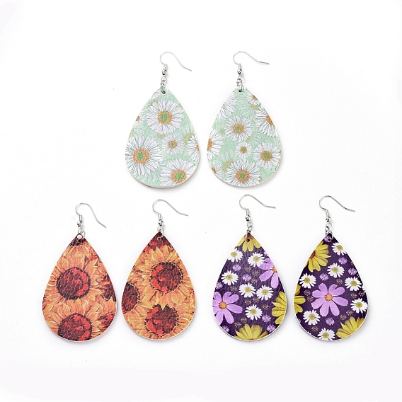Dangle Earrings, with PU Leather Big Pendants and Platinum Plated Brass Earring Hooks, Teardrop with Flower Pattern