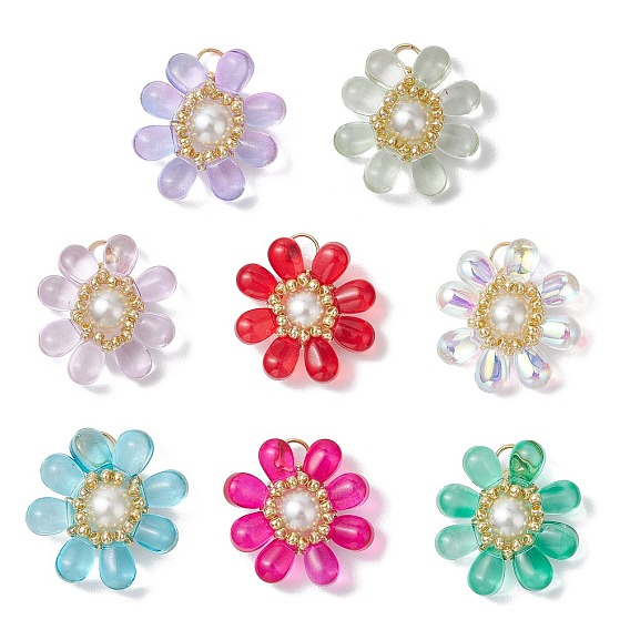 Стеклянные подвески, цветок, с открытыми пружинными кольцами из нержавеющей стали 304