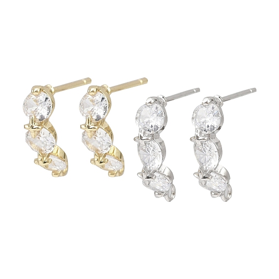 Плоские круглые латунные серьги-гвоздики с микропаве из прозрачных кубических цирконий, без свинца, без кадмии и без никеля, с петлей