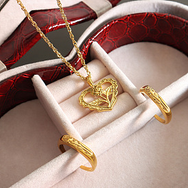 Irregular Heart Rose Hollow Pendant Flower Ring Collarbone Chain Titanium Steel Minimalist Jewelry Set for Women.