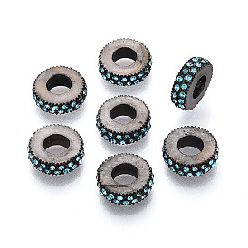 Alloy European Beads, with Rhinestone, Large Hole Beads, Flat Round, Cadmium Free & Lead Free