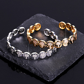Brass Micro Pave Clear Cubic Zirconia Cuff Bangles, Disc with Coconut Tree