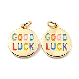 Brass Enamel Pendants, with Jump Ring, Long-Lasting Plated, Real 18K Gold Plated, Flat Round & Word GOOD LUCK