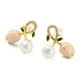 Cubic Zirconia Tulip & Natural Pearl Stud Earrings, Brass Earrings with 925 Sterling Silver Pins