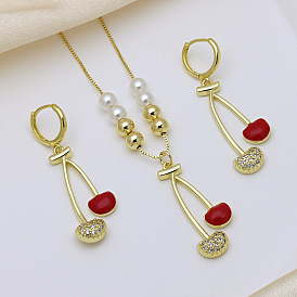 Brass Micro Pave Cubic Zirconia Pendant Necklaces & Hoop Earrings Sets, with Enamel