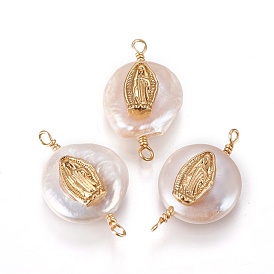 Natural Pearl Links Connectors, with Cubic Zirconia and Brass Findings, Flat Round with Virgin Mary