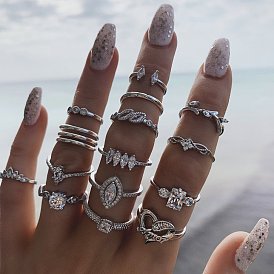 Open water drop joint ring hollow out diamond heart ring 15 pieces set ring jewelry