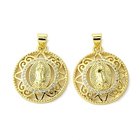 Eco-Friendly Brass Micro Pave Cubic Zirconia Pendants, Long-Lasting Plated, Real 18K Gold Plated, Cadmium Free & Lead Free, Flat Round with Human