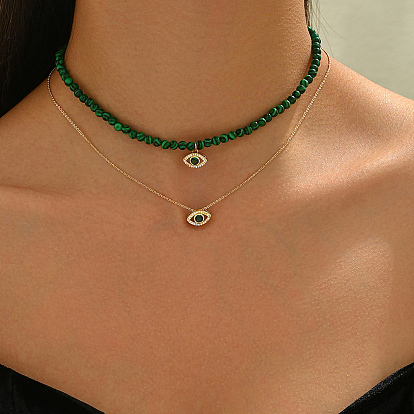 Элегантные двухслойные ожерелья с подвесками от сглаза из синтетического малахита и латуни для женского банкета и фестиваля