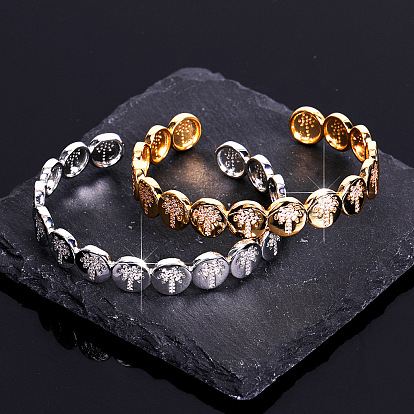 Brass Micro Pave Clear Cubic Zirconia Cuff Bangles, Disc with Coconut Tree