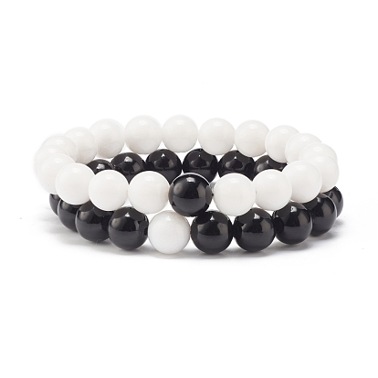 2Pcs 2 Color 10.5MM Natural Mashan Jade(Dyed) & Malaysia Jade(Dyed) Round Beaded Stretch Bracelets Set, Gemstone Jewelry for Women