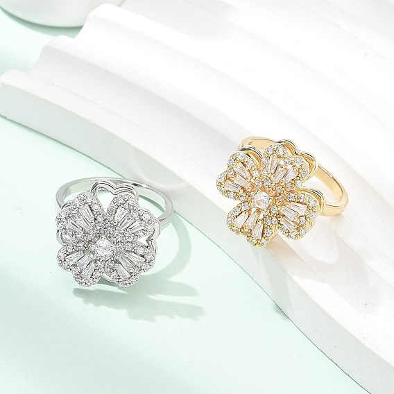 Вращающиеся открытые манжеты-кольца для женщин с клевером, Кольца-спиннеры из латуни с микропаве из кубического циркония для женщин