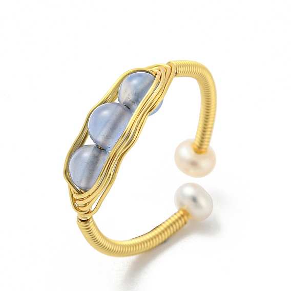 Anillo abierto con cuentas de perlas naturales y aguamarina, anillo de dedo con envoltura de alambre de latón
