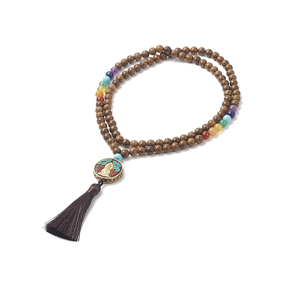 Indonesia Buddhist Necklace, Polyester Tassel Pendant Necklace with Wood & Mixed Gemstone Beaded Chains for Women