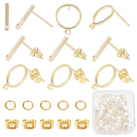 60 шт. 2 стили кольцо и прямоугольная форма латунные серьги-гвоздики фурнитура, с горизонтальными петлями и 60шт. фрикционными гайками и 60шт. открытыми соединительными кольцами